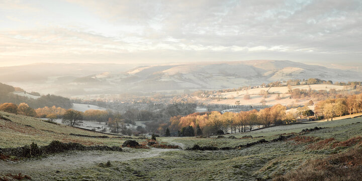 Eyam Moor and Shatton Moor above Hathersage on a frost morning at dawn, Peak District, UK
