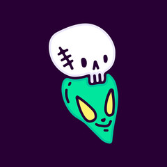 Alien head wearing skull hat cartoon, illustration for t-shirt, sticker, or apparel merchandise. With modern pop and urban style.