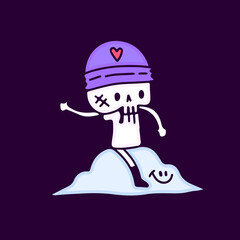 Skull in beanie hat riding cloud cartoon, illustration for t-shirt, sticker, or apparel merchandise. With modern pop and urban style.