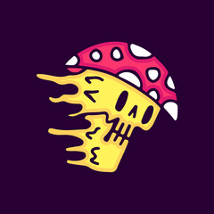 Trippy skull wearing magic mushroom hat cartoon, illustration for t-shirt, sticker, or apparel merchandise. With modern pop and vintage style.