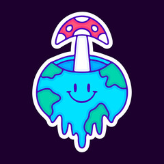 Magic mushroom inside melted earth planet cartoon, illustration for t-shirt, sticker, or apparel merchandise. With modern pop and retro style.