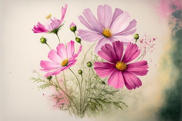 a painting of pink flowers on a white background with a green stem and yellow center and a yellow center.