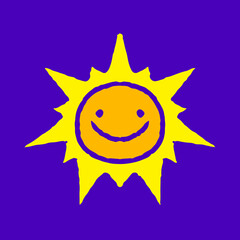 Sun with smile face doodle cartoon, illustration for t-shirt, sticker, or apparel merchandise. With modern pop and retro style.