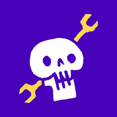 Skeleton head and wrench cartoon, illustration for t-shirt, sticker, or apparel merchandise. With modern pop and urban style.