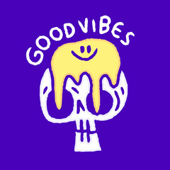 Skeleton head with melted smile emoji face doodle, illustration for t-shirt, sticker, or apparel merchandise. With modern pop and urban style.