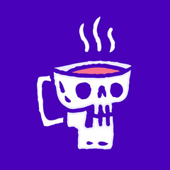 Skull coffee cup cartoon, illustration for t-shirt, sticker, or apparel merchandise. With modern pop and retro style.