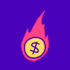 Flaming dollar coin cartoon, illustration for t-shirt, sticker, or apparel merchandise. With modern pop and retro style.