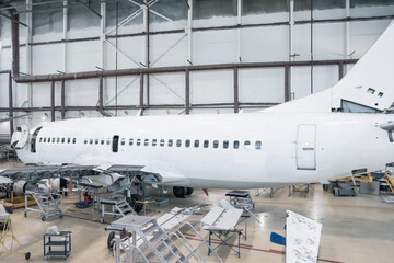 White passenger airliner in the hangar. Jetliner under maintenance. Checking mechanical systems for...