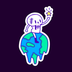 Skull sitting on melted earth planet cartoon, illustration for t-shirt, sticker, or apparel merchandise. With modern pop and retro style.
