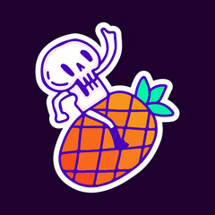 Skull riding pineapple cartoon, illustration for t-shirt, sticker, or apparel merchandise. With modern pop and retro style.