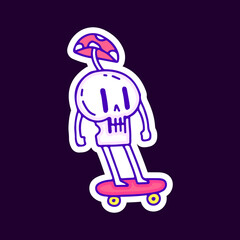Funny skull with mushroom riding skateboard cartoon, illustration for t-shirt, sticker, or apparel merchandise. With modern pop and retro style.