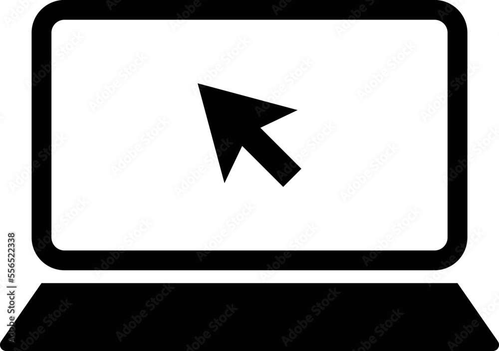 Poster laptop computer icon with arrow . laptop with pointer or cursor icon