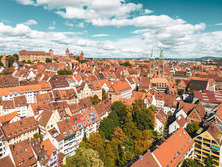 Fototapeta na wymiar Aerial view of the old city of Nürmberg with the city walls and St. Sebald church towers, Nürmberg, Germany