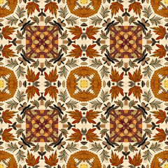 Autumn leaves woodland seamless pattern. Brown retro kaleidoscopic textile print. Backdrop of vintage ornate forest wallpaper. Garden botanical print. 
