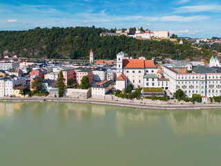 Aerial view of the old town of Passau with St. Michael church and Niedernburg Monastery  church, Passau, Germany
