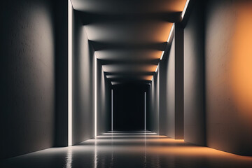 Abstract futuristic corridor with a vacant floor and room with lighting for the product showcase, space, interior, and display. Modern Future interior design idea with cement floor and walls