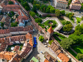 Aerial view of Tiergärtner torturm tower with the southern castle garden, the ancient city wall...