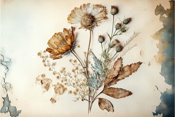 a painting of flowers and leaves on a white background with a blue and brown paint stroke behind it and a white background with a blue and brown spot.