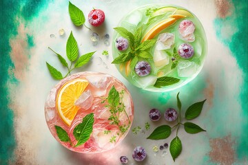 two glasses of drinks with ice and fruit on a table top with leaves and flowers around them.