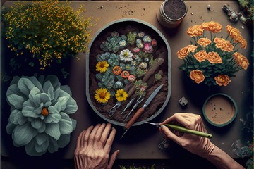 a person is painting a flower arrangement on a table with flowers and a knife and a cup of coffee.