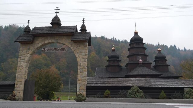 Monastery and Church of Holy Prophet Ilya - unique architectural monument built in Hutsul style in shape of cross in Yaremche city, Carpathian Mountains in western Ukraine