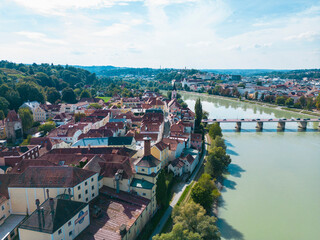 Fototapeta na wymiar Aerial view of the old town of Passau with the Donau and Inn rivers, Passau, bavaria, Germany