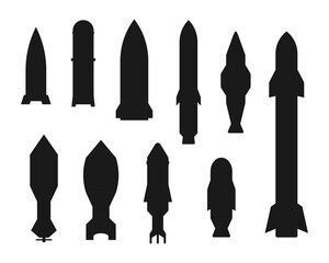 Rocket icon set. Black silhouette. Side view. Vector simple flat graphic illustration isolated white background.