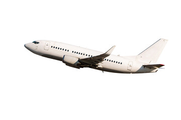 White passenger aircraft flying isolated on transparent background