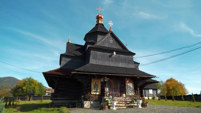 Church of Nativity of Blessed Virgin Mary of 17-18 centuries in Vorokhta, western Ukraine, Carpathians. Church belongs to Hutsul school of traditional temple building, was build without nails