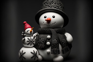 Black background with a cute toy snowman and Christmas ornaments. Generative AI