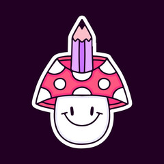 Cute mushroom character with pencil cartoon, illustration for t-shirt, sticker, or apparel merchandise. With modern pop style.