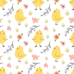 Seamless vector pattern with cute rabbits with floral elements.Childish adorable endless ornament with chicks, flowers and leaves.