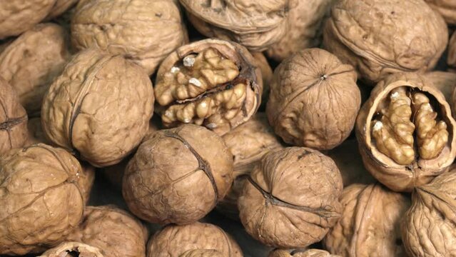 close up of walnuts, autumn fruit, gluten free , linear motion, 4k resolution