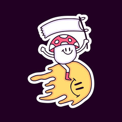 Magic mushroom character riding melted smile emoji cartoon, illustration for t-shirt, sticker, or apparel merchandise. With modern pop style.