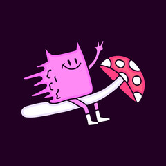 Trippy cat character riding mushroom cartoon, illustration for t-shirt, sticker, or apparel merchandise. With modern pop style.
