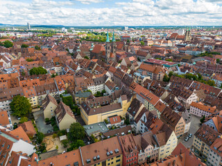 Fototapeta na wymiar Aerial view of the old city of Nürmberg with the city walls and St. Sebald church towers, Nürmberg, Germany
