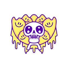 Kawaii skull with melted smile emoji face doodle art, illustration for t-shirt, sticker, or apparel merchandise. With modern pop style.