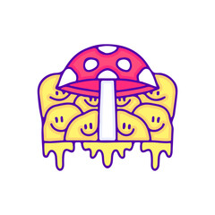 Trippy magic mushroom and melted smile emoji face doodle art, illustration for t-shirt, sticker. With modern pop style.