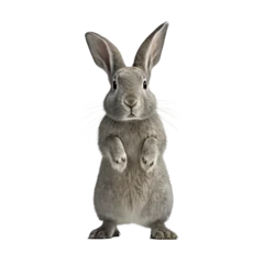 Fotobehang lapin gris debout sur ses pattes arrières et qui dit bonjour  fond transparent - illustration IA © Fox_Dsign