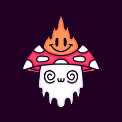 Trippy mushroom and fire cartoon, illustration for t-shirt, sticker, or apparel merchandise. With modern pop style.