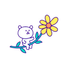 Cute baby bear riding sunflower doodle art, illustration for t-shirt, sticker, or apparel merchandise. With modern pop and kawaii style.