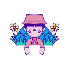 Cute adventure baby in nature doodle art, illustration for t-shirt, sticker, or apparel merchandise. With modern pop and kawaii style.