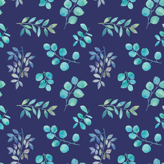 Fototapeta na wymiar Watercolor, branches seamless pattern. Delicate leaves for wallpaper, print, wrapping paper, textile.