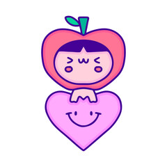 Cute baby in apple costume with love symbol doodle art, illustration for t-shirt, sticker, or apparel merchandise. With modern pop and kawaii style.