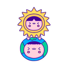 Cute baby in sun and earth planet costume doodle art, illustration for t-shirt, sticker, or apparel merchandise. With modern pop and kawaii style.