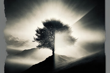 Shiny tree at the crest of a hill with sunbeams at the foggy alpine valley. Generative AI