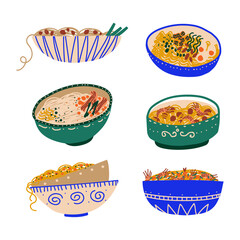 Stir-fried Prepared Udon Noodle Served in Bowl Vector Set