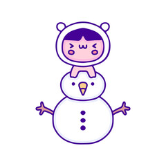 Cute baby in animal costume with snowman doodle art, illustration for t-shirt, sticker, or apparel merchandise. With modern pop and kawaii style.