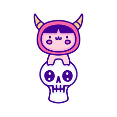 Cute baby in devil costume with skull doodle art, illustration for t-shirt, sticker, or apparel merchandise. With modern pop and kawaii style.