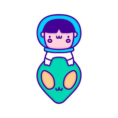 Cute baby astronaut and alien doodle art, illustration for t-shirt, sticker, or apparel merchandise. With modern pop and kawaii style.
